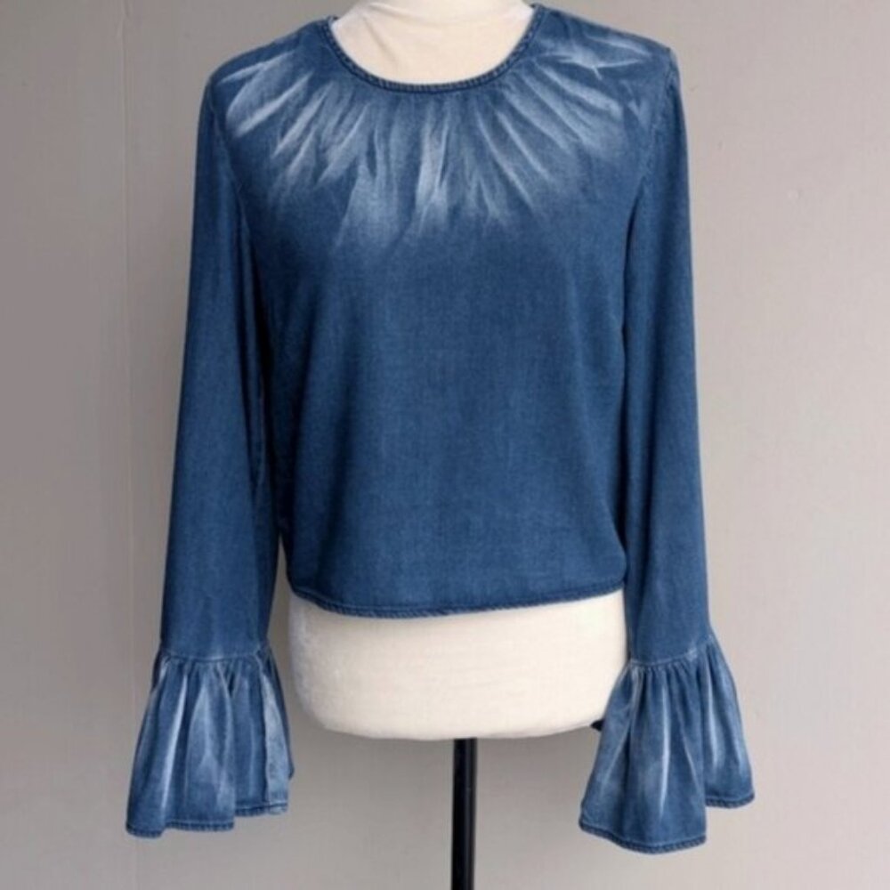 Buffalo David Bitton Tie Dye Chambray Bell Sleeve 70s Inspired Denim Blouse